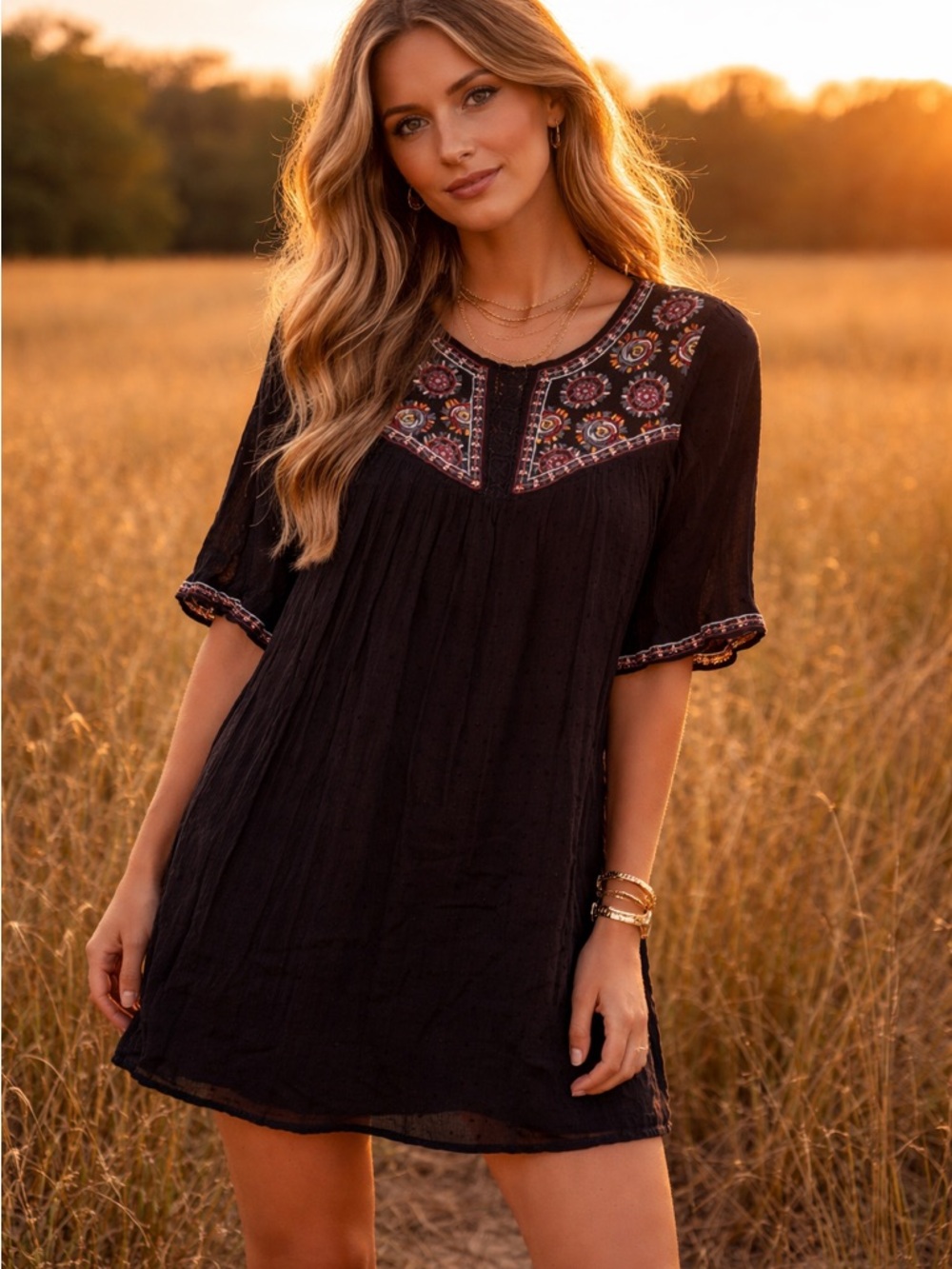 miami Black Embroidered Yoke Boho Tunic
